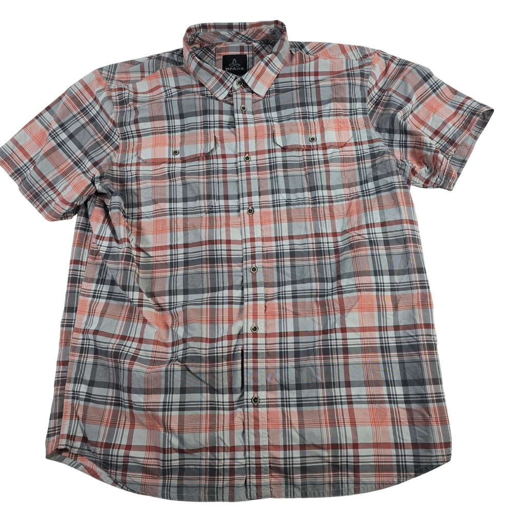 Prana Mens LRG Plaid Short Sleeve Button Down Shirt Red‎ Gray Casual Outdoor